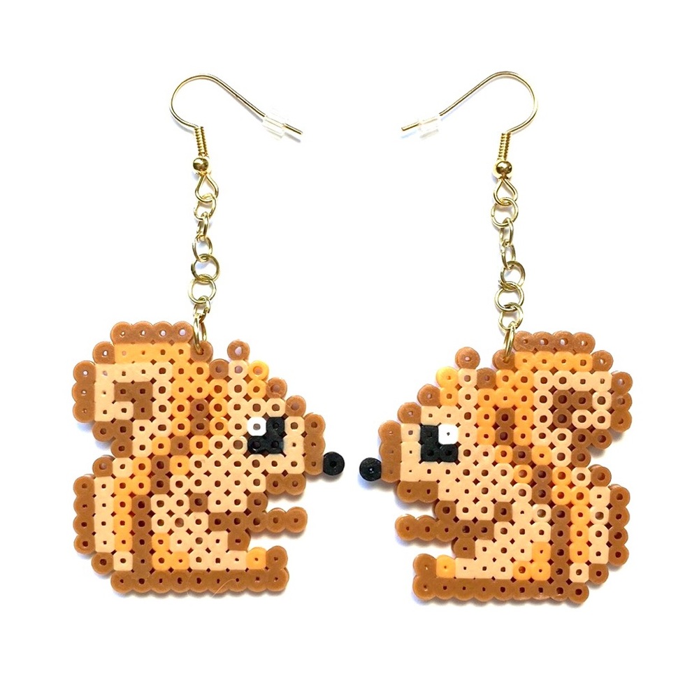 Handmade Mini Perler Bead Brown/Tan Squirrel Earrings. New